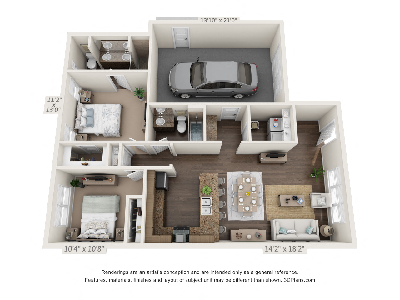 Floor plan for 2 beds, 2 baths, 1089 sqft